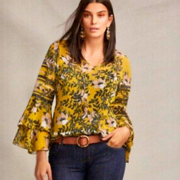 Cabi yellow floral & sheer bell sleeve blouse. - Picture 1 of 6